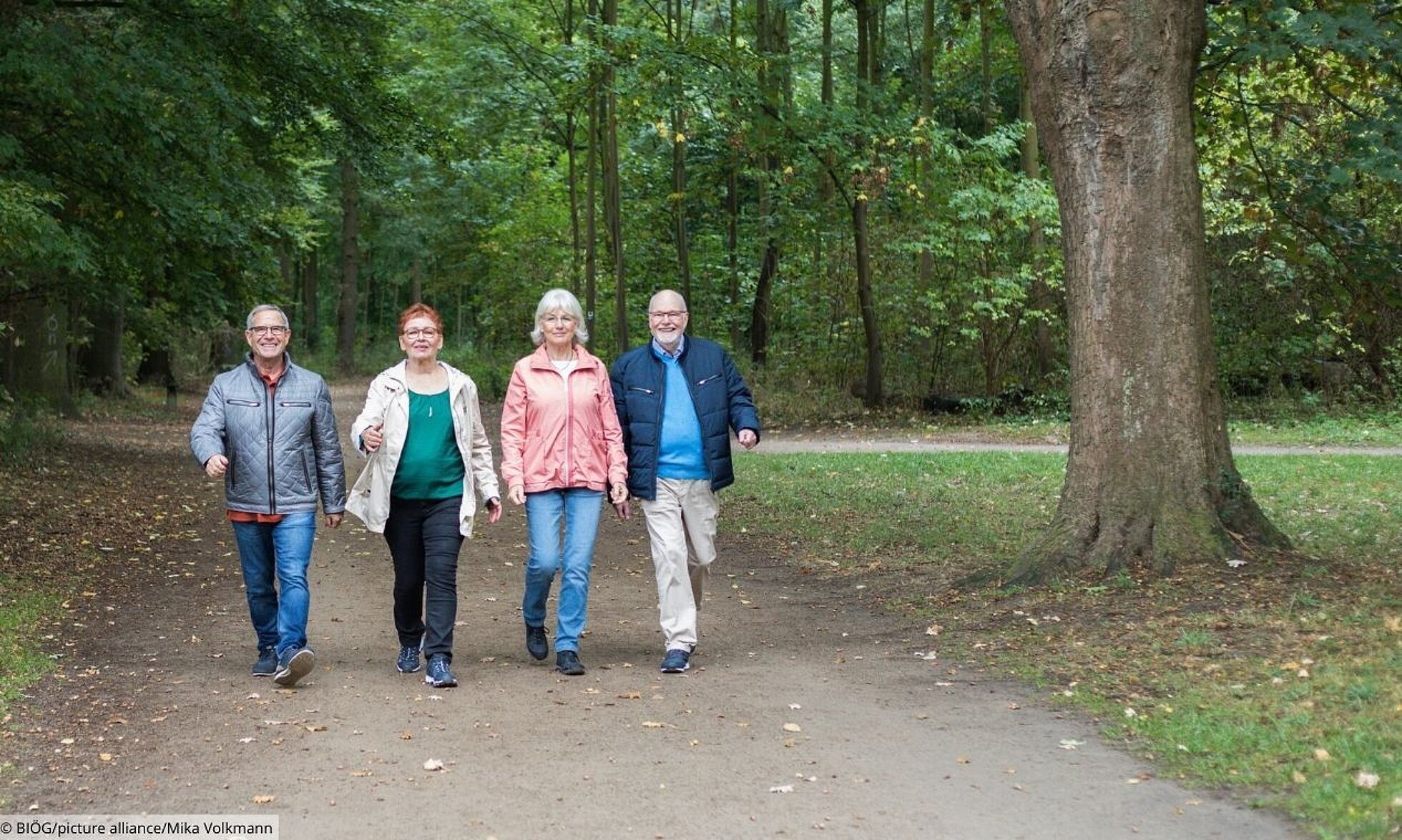 Gruppe mit Seniorinnen und Senioren geht spazieren